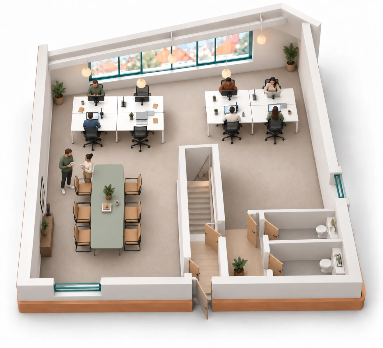 A miniature cutaway of the upstairs workspace with two banks of desks, a shared table and a central staircase.